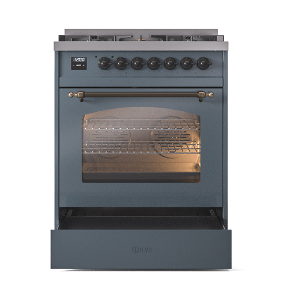 ILVE Nostalgie II 30-Inch Freestanding Natural Gas Dual Fuel Range in Blue Grey with Bronze Trim (UP30NMPBGB)