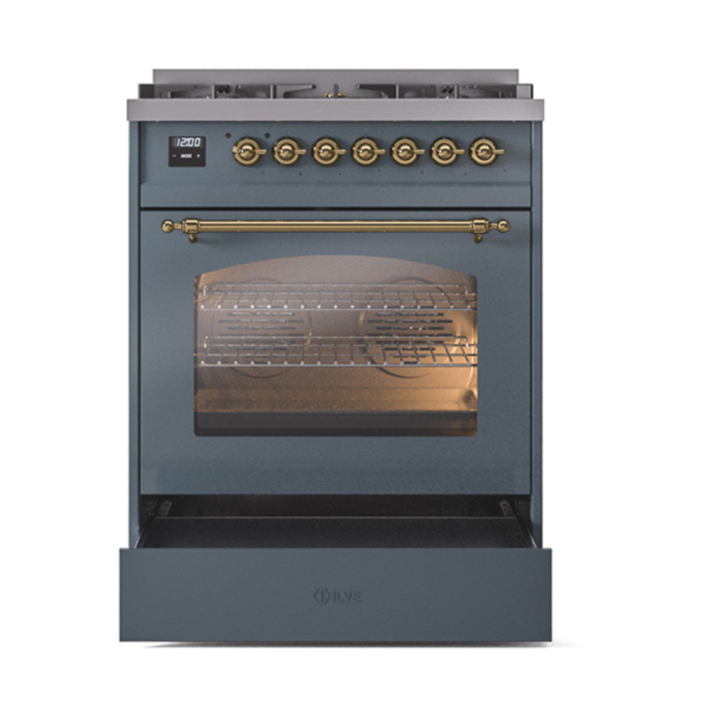 ILVE Nostalgie II 30-Inch Dual Fuel Freestanding Range in Blue Grey with Brass Trim (UP30NMPBGGLP)