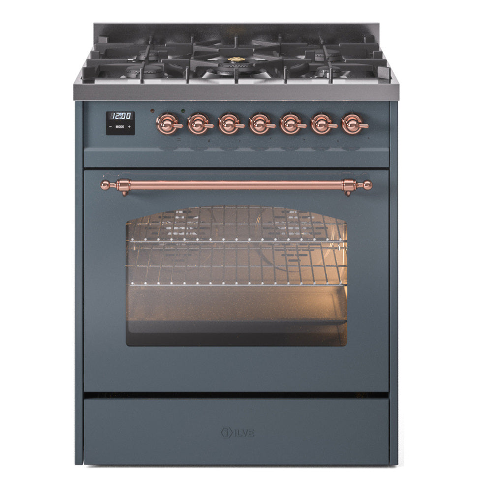 ILVE Nostalgie II 30-Inch Dual Fuel Freestanding Range in Blue Grey with Copper Trim (UP30NMPBGPLP)