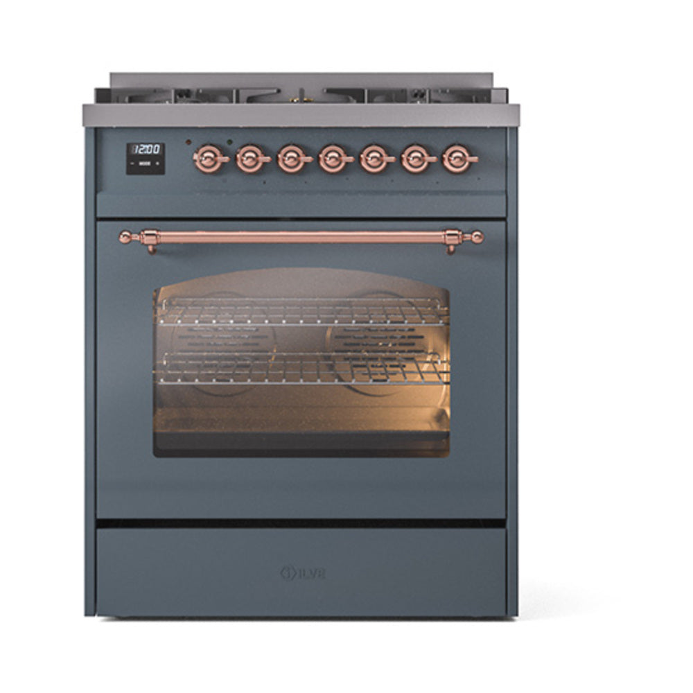 ILVE Nostalgie II 30-Inch Dual Fuel Freestanding Range in Blue Grey with Copper Trim (UP30NMPBGPLP)