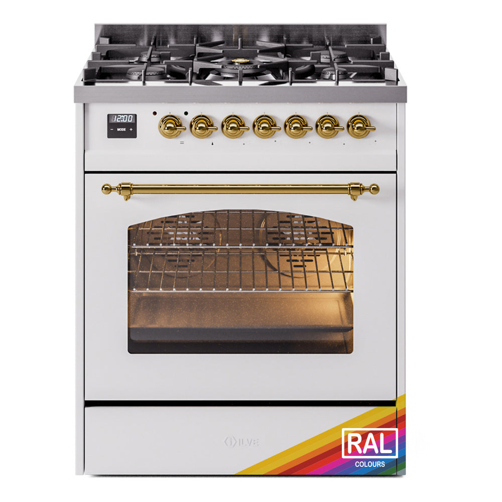 ILVE Nostalgie II 30-Inch Freestanding Natural Gas Dual Fuel Range in RAL with Brass Trim (UP30NMPRAG)