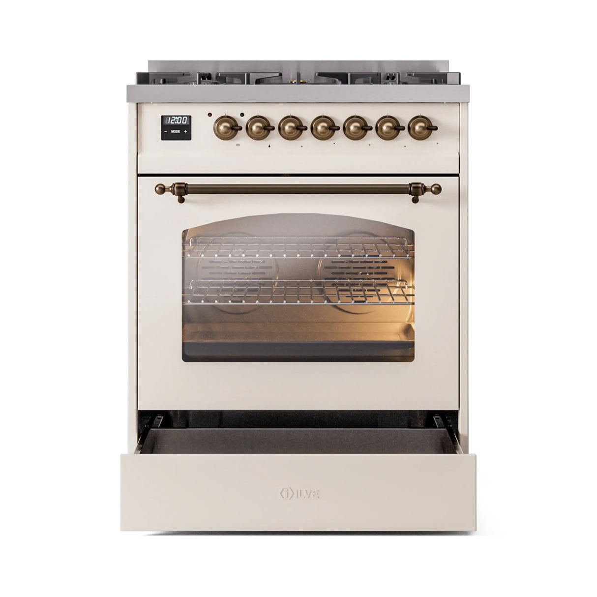 ILVE Nostalgie II 30-Inch Freestanding Natural Gas Dual Fuel Range in Antique White with Bronze Trim (UP30NMPAWB)