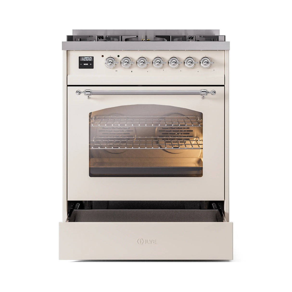 ILVE Nostalgie II 30-Inch Freestanding Propane Gas Dual Fuel Range in Antique White with Chrome Trim (UP30NMPAWCLP)