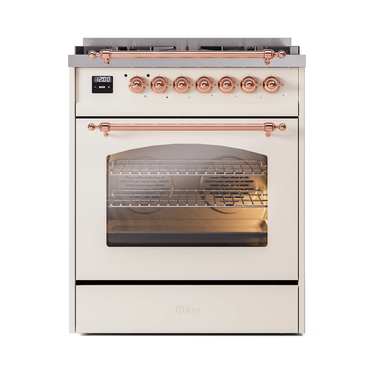 ILVE Nostalgie II 30-Inch Freestanding Natural Gas Dual Fuel Range in Antique White with Copper Trim (UP30NMPAWP)