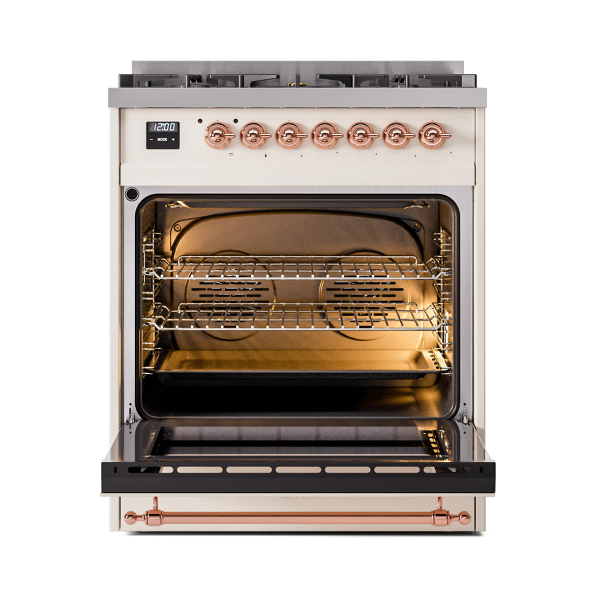 ILVE Nostalgie II 30-Inch Freestanding Natural Gas Dual Fuel Range in Antique White with Copper Trim (UP30NMPAWP)