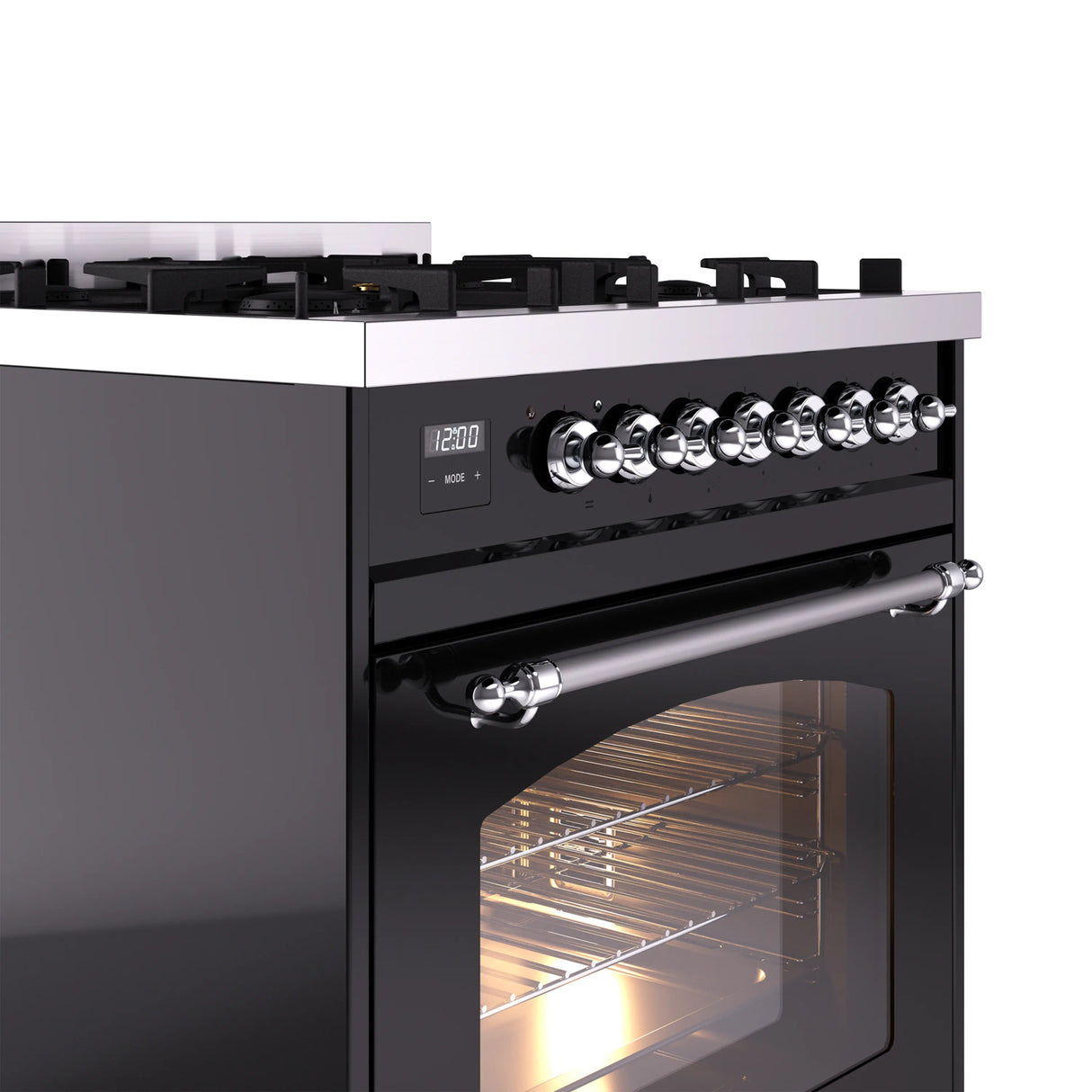 ILVE Nostalgie II 30-Inch Freestanding Natural Gas Dual Fuel Range in Glossy Black with Chrome Trim (UP30NMPBKC)