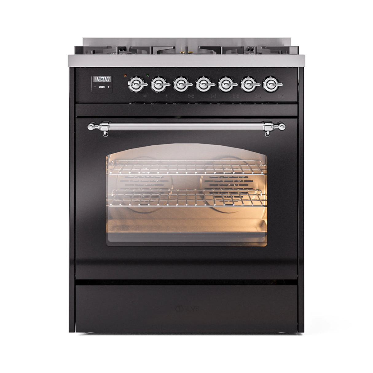 ILVE Nostalgie II 30-Inch Freestanding Natural Gas Dual Fuel Range in Glossy Black with Chrome Trim (UP30NMPBKC)