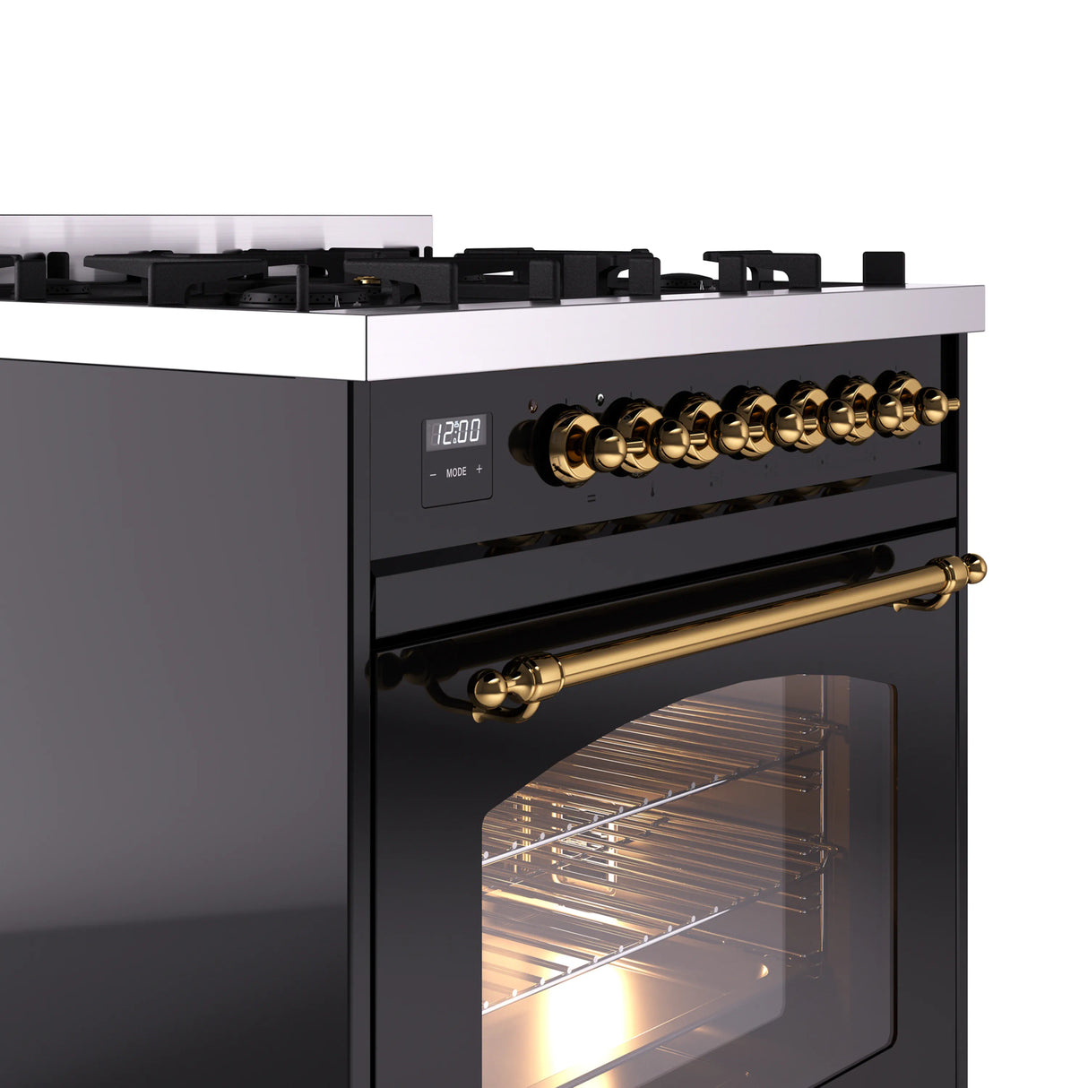 ILVE Nostalgie II 30-Inch Freestanding Natural Gas Dual Fuel Range in Glossy Black with Brass Trim (UP30NMPBKG)