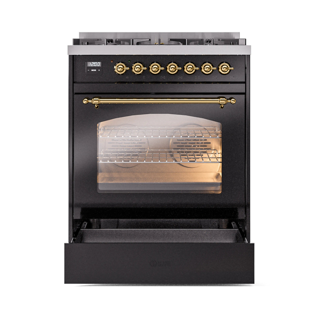 ILVE Nostalgie II 30-Inch Freestanding Natural Gas Dual Fuel Range in Glossy Black with Brass Trim (UP30NMPBKG)