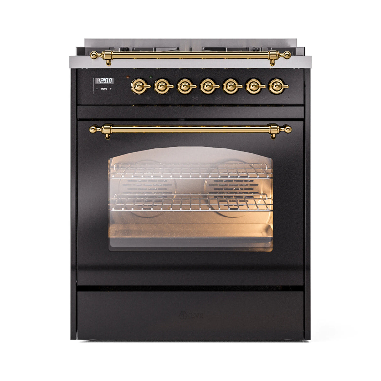 ILVE Nostalgie II 30-Inch Freestanding Natural Gas Dual Fuel Range in Glossy Black with Brass Trim (UP30NMPBKG)