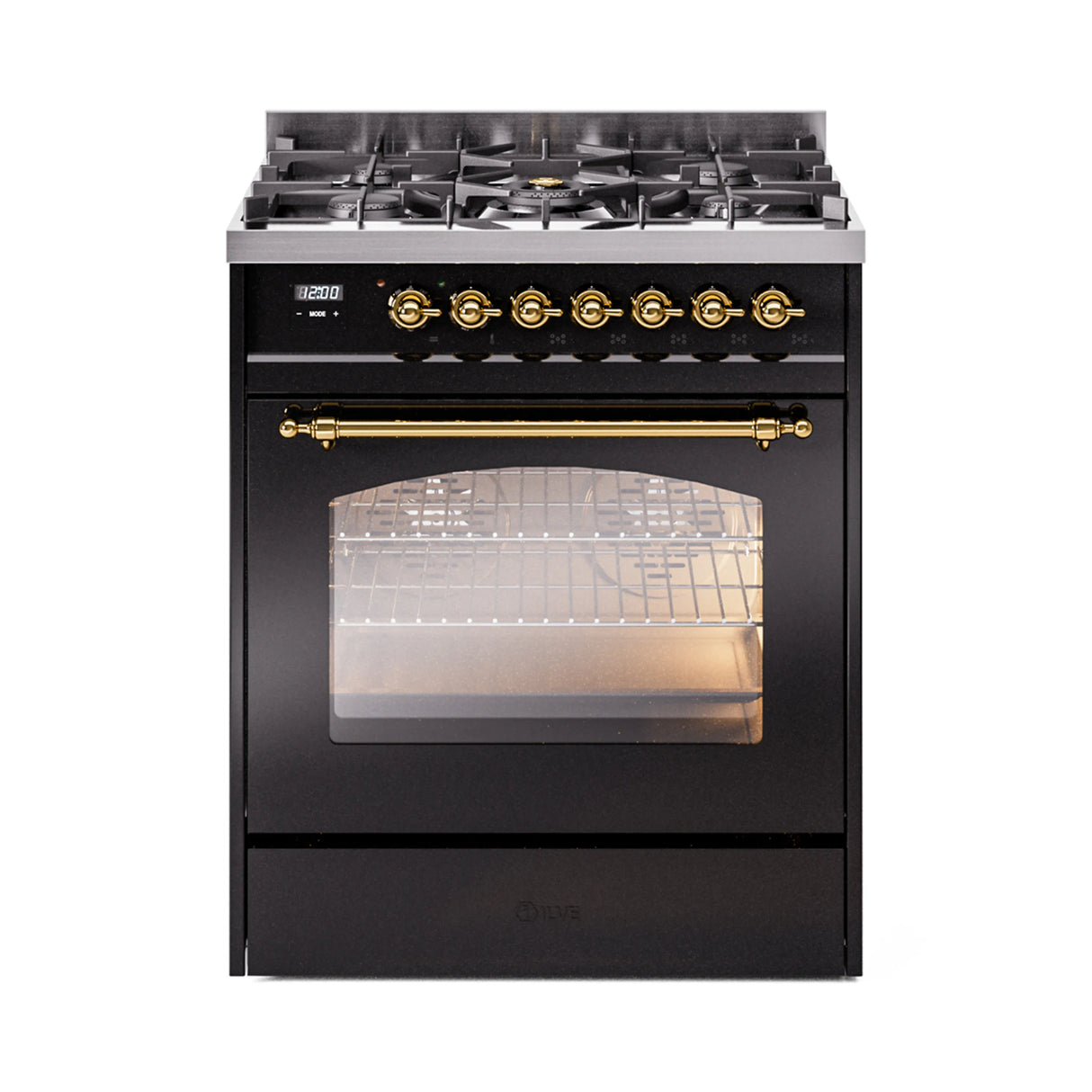 ILVE Nostalgie II 30-Inch Freestanding Natural Gas Dual Fuel Range in Glossy Black with Brass Trim (UP30NMPBKG)
