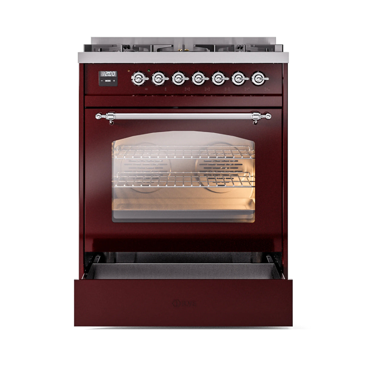 ILVE Nostalgie II 30-Inch Dual Fuel Freestanding Range in Burgundy with Chrome Trim (UP30NMPBUCLP)