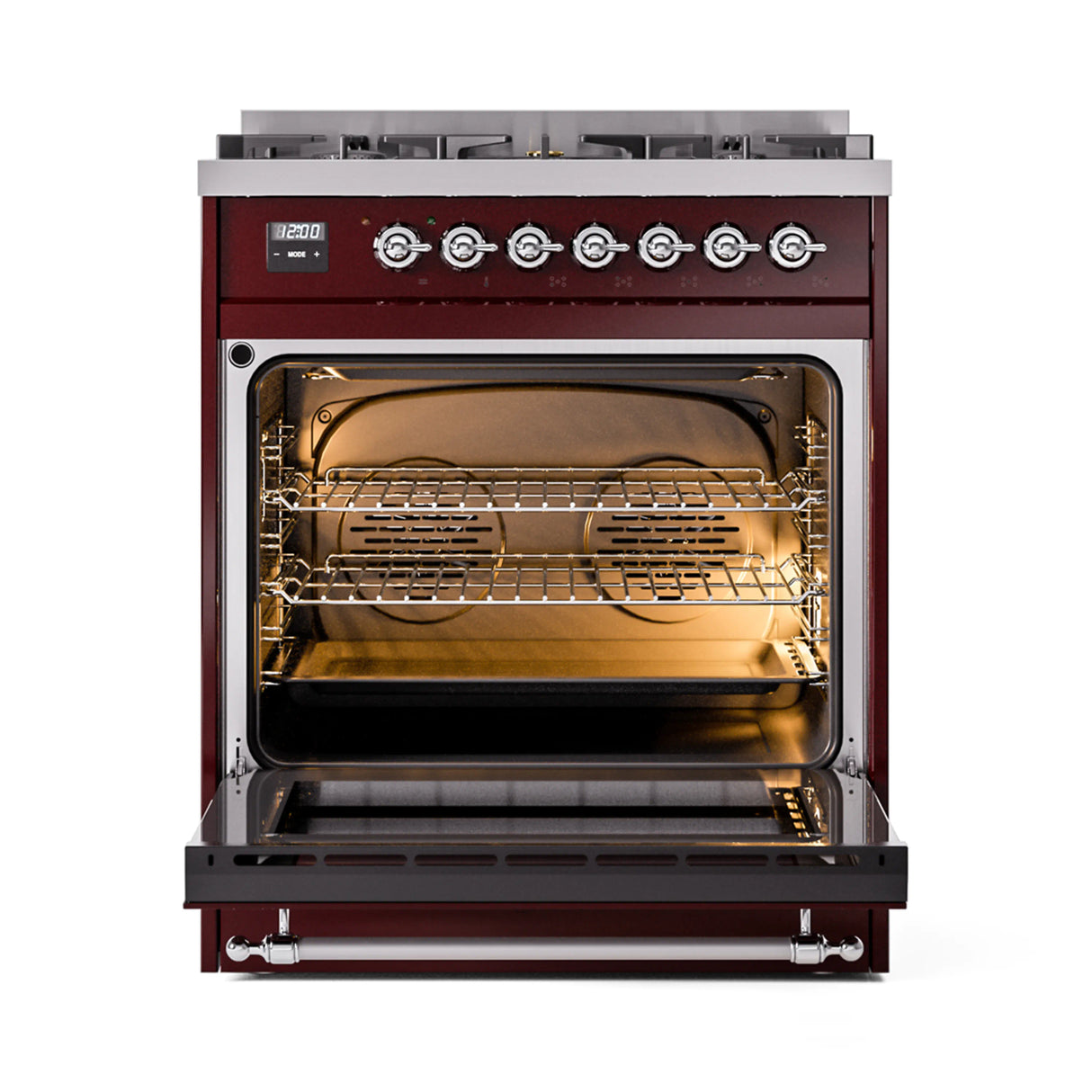 ILVE Nostalgie II 30-Inch Dual Fuel Freestanding Range in Burgundy with Chrome Trim (UP30NMPBUCLP)