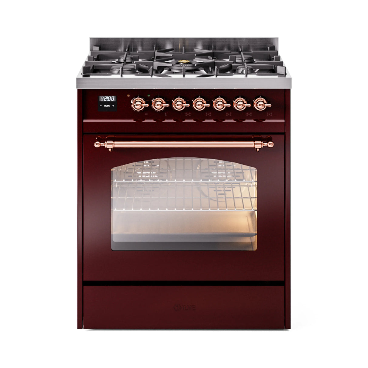 ILVE Nostalgie II 30-Inch Dual Fuel Freestanding Range in Burgundy with Copper Trim (UP30NMPBUPLP)
