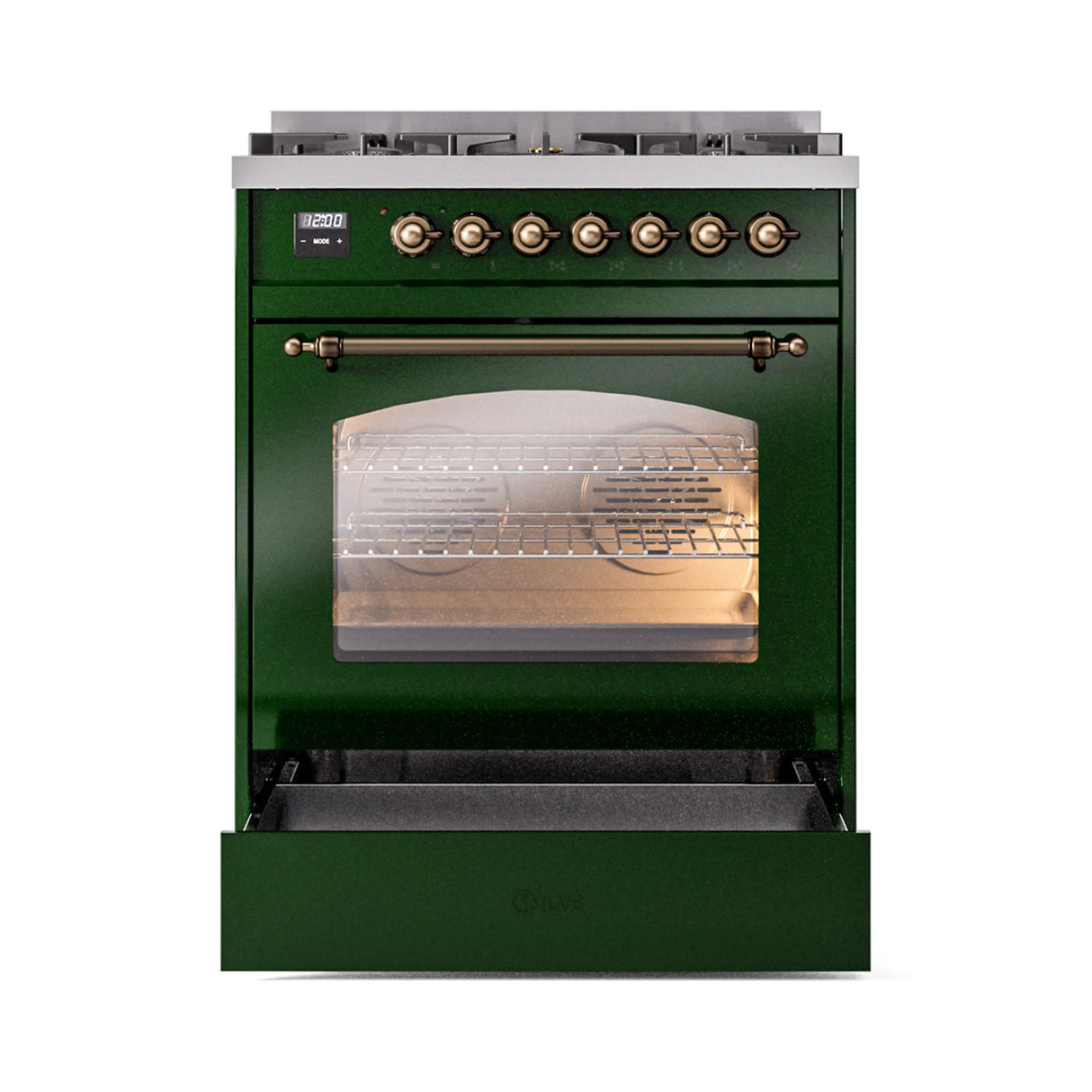 ILVE Nostalgie II 30-Inch Dual Fuel Freestanding Range in Emerald Green with Bronze Trim (UP30NMPEGBLP)