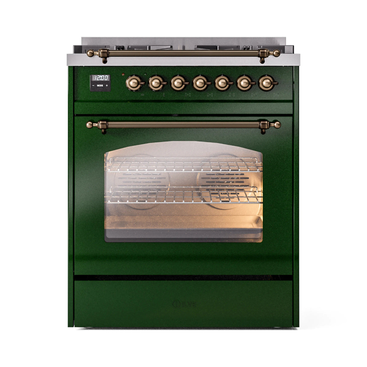 ILVE Nostalgie II 30-Inch Dual Fuel Freestanding Range in Emerald Green with Bronze Trim (UP30NMPEGBLP)