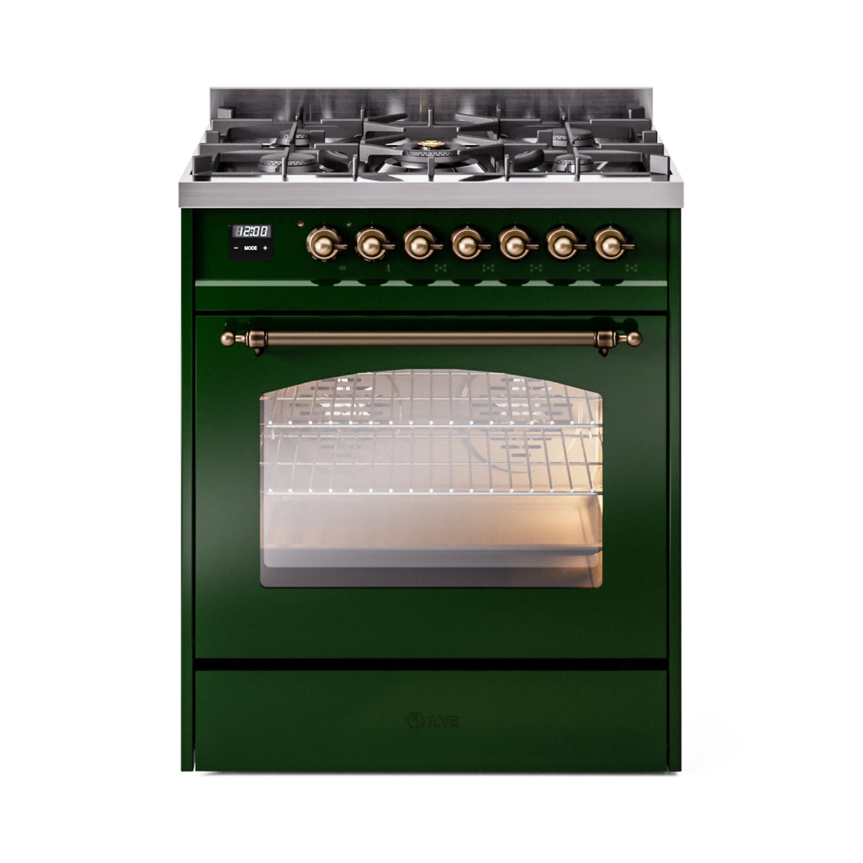 ILVE Nostalgie II 30-Inch Dual Fuel Freestanding Range in Emerald Green with Bronze Trim (UP30NMPEGBLP)