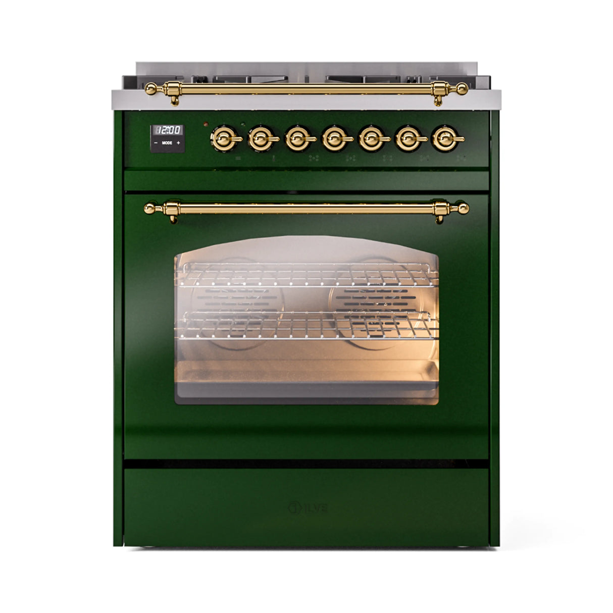 ILVE Nostalgie II 30-Inch Dual Fuel Freestanding Range in Emerald Green with Brass Trim (UP30NMPEGGLP)