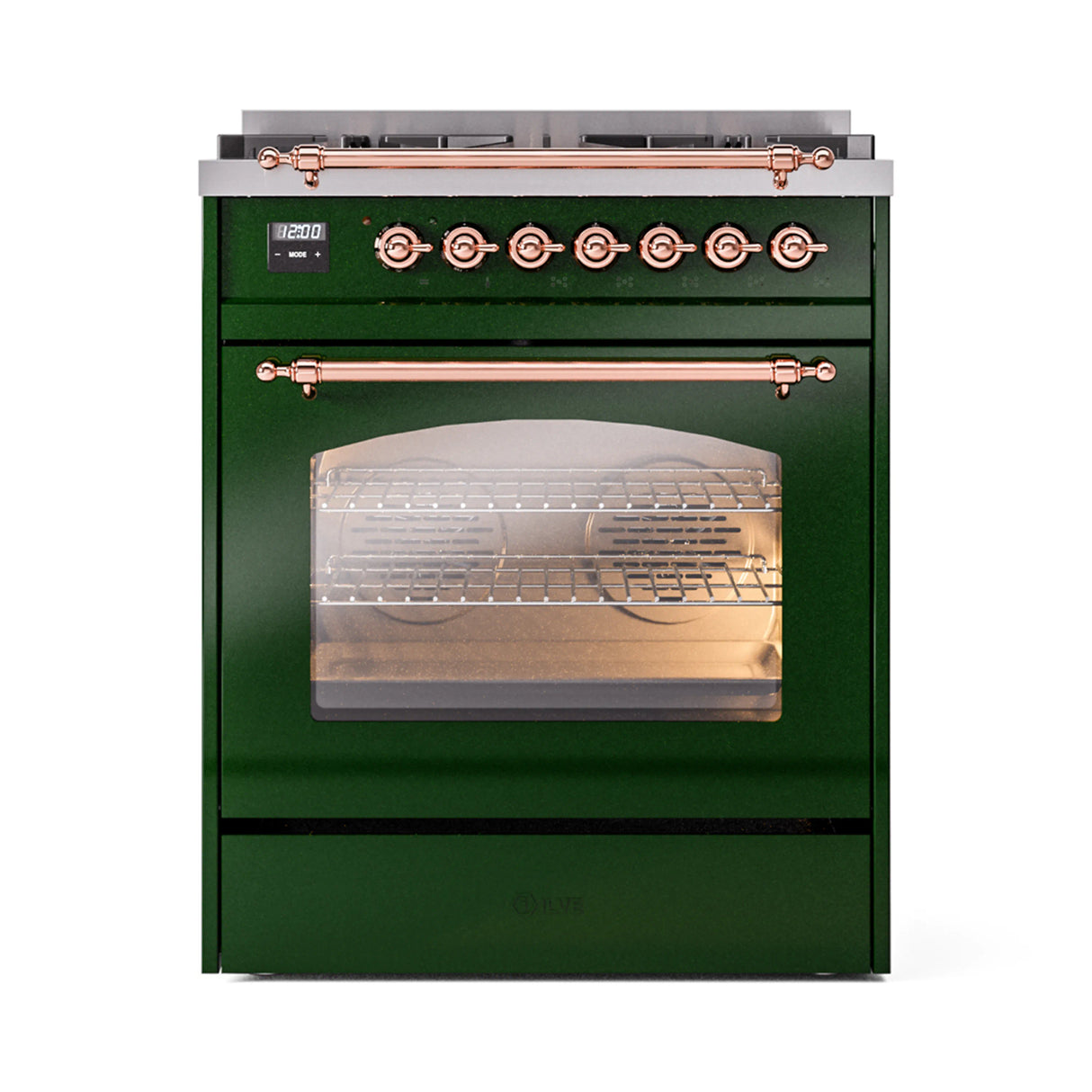 ILVE Nostalgie II 30-Inch Freestanding Natural Gas Dual Fuel Range in Emerald Green with Copper Trim (UP30NMPEGP)