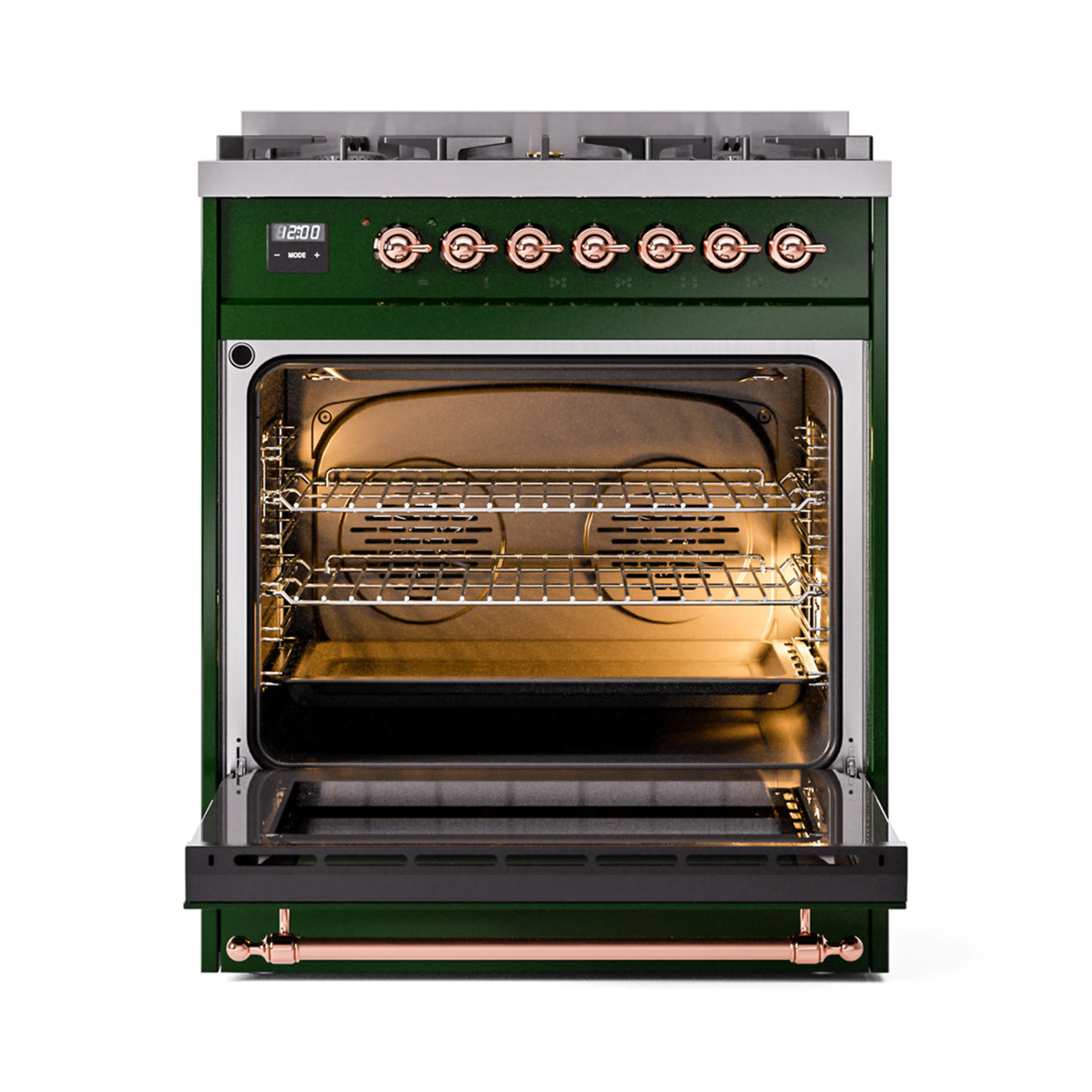 ILVE Nostalgie II 30-Inch Freestanding Natural Gas Dual Fuel Range in Emerald Green with Copper Trim (UP30NMPEGP)