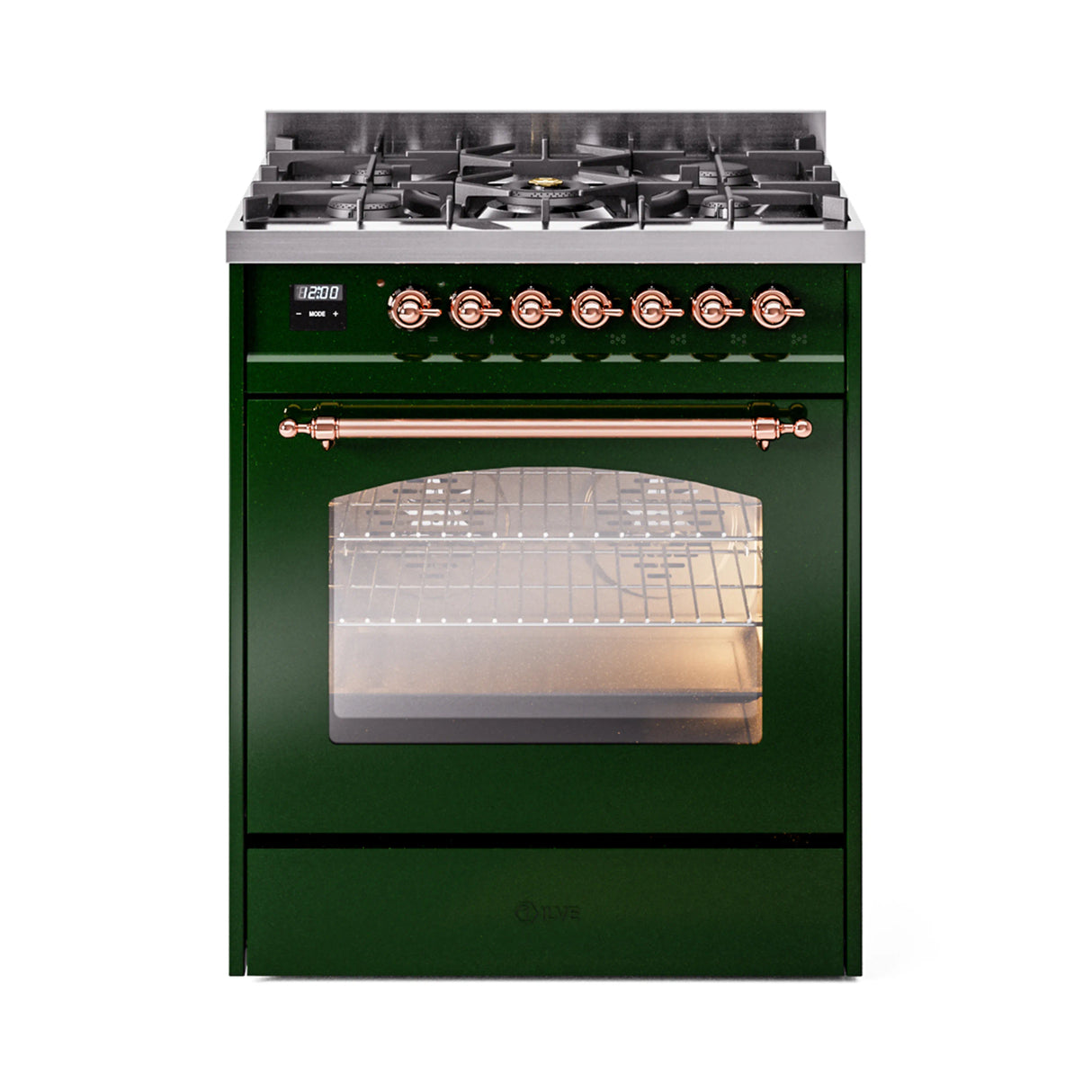 ILVE Nostalgie II 30-Inch Freestanding Natural Gas Dual Fuel Range in Emerald Green with Copper Trim (UP30NMPEGP)