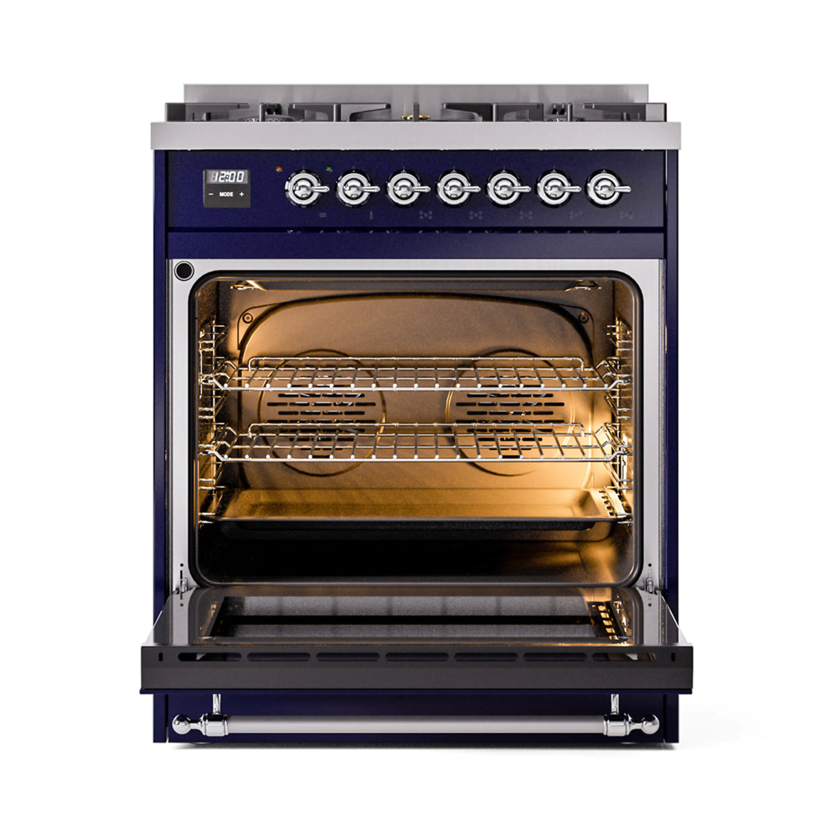 ILVE Nostalgie II 30-Inch Dual Fuel Freestanding Range in Midnight Blue with Chrome Trim (UP30NMPMBCLP)