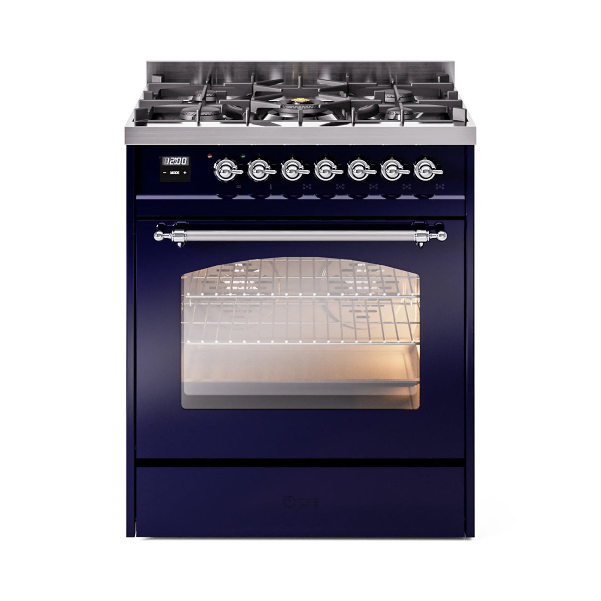 ILVE Nostalgie II 30-Inch Dual Fuel Freestanding Range in Midnight Blue with Chrome Trim (UP30NMPMBCLP)