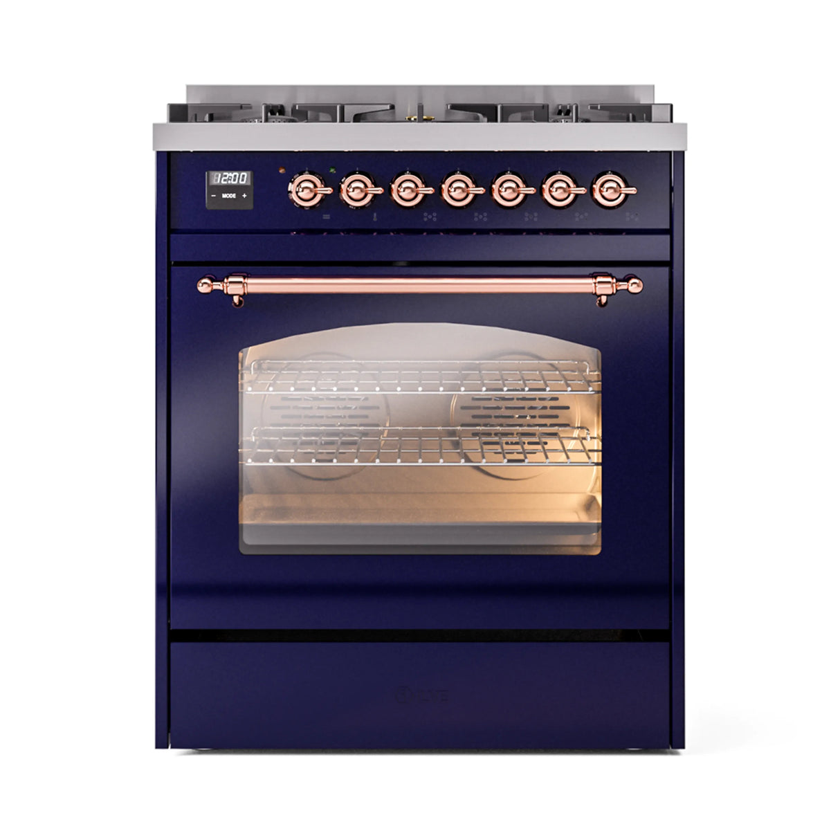 ILVE Nostalgie II 30-Inch Dual Fuel Freestanding Range in Midnight Blue with Copper Trim (UP30NMPMBPLP)