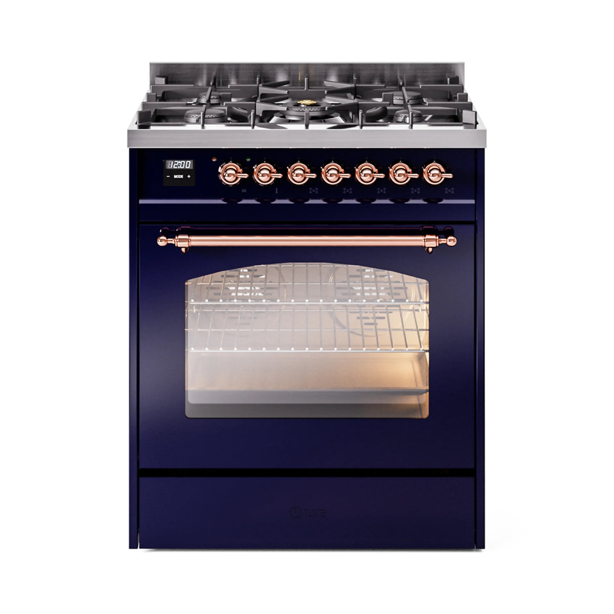 ILVE Nostalgie II 30-Inch Dual Fuel Freestanding Range in Midnight Blue with Copper Trim (UP30NMPMBPLP)