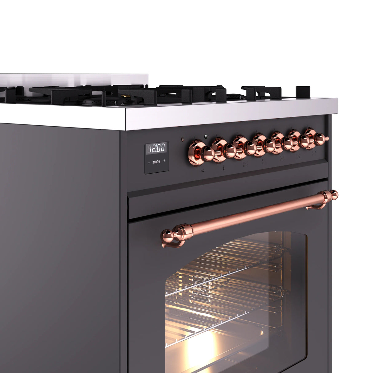 ILVE Nostalgie II 30-Inch Dual Fuel Freestanding Range in Matte Graphite with Copper Trim (UP30NMPMGPLP)