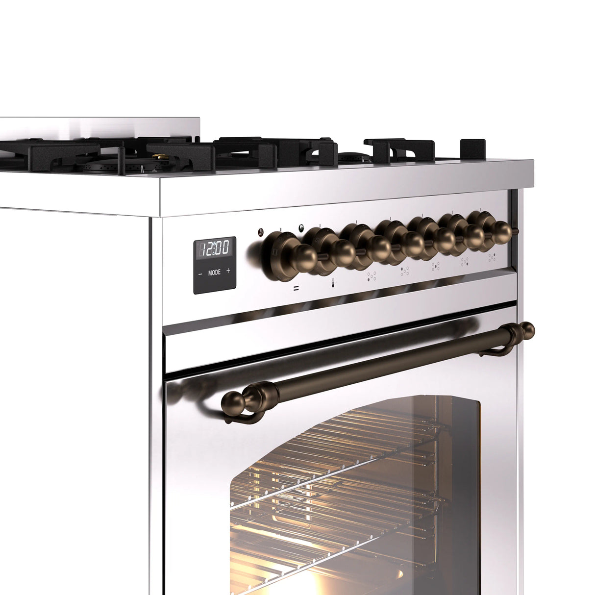 ILVE Nostalgie II 30-Inch Freestanding Natural Gas Dual Fuel Range in Stainless Steel with Bronze Trim (UP30NMPSSB)