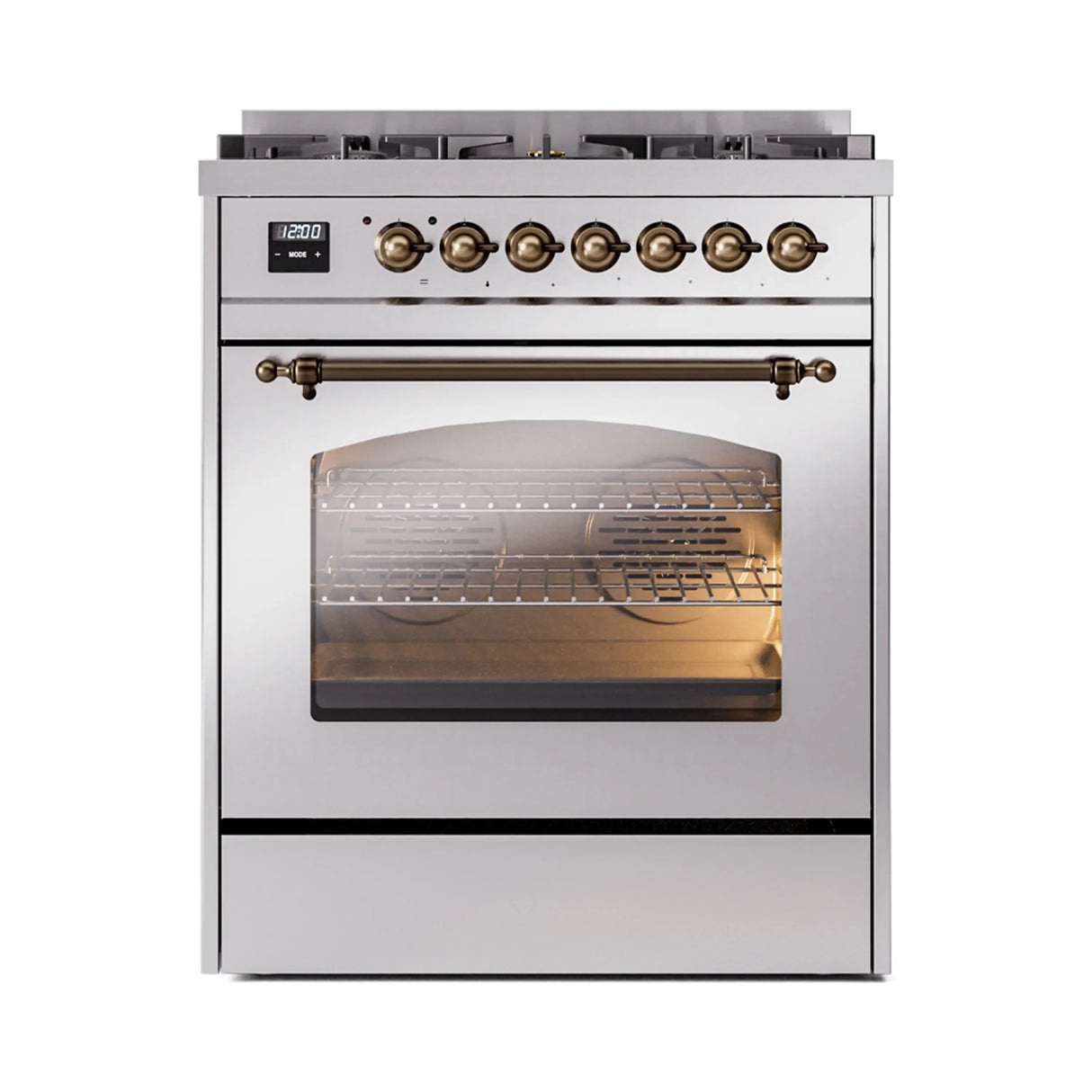 ILVE Nostalgie II 30-Inch Freestanding Natural Gas Dual Fuel Range in Stainless Steel with Bronze Trim (UP30NMPSSB)