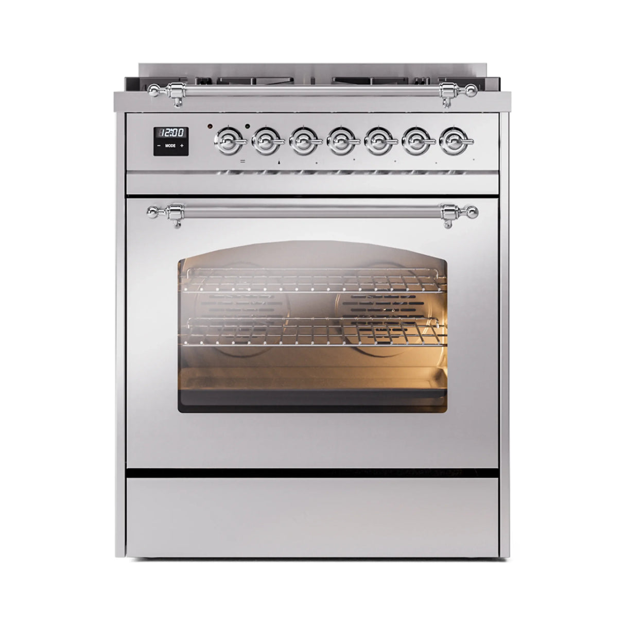 ILVE Nostalgie II 30-Inch Freestanding Natural Gas Dual Fuel Range in Stainless Steel with Chrome Trim (UP30NMPSSC)