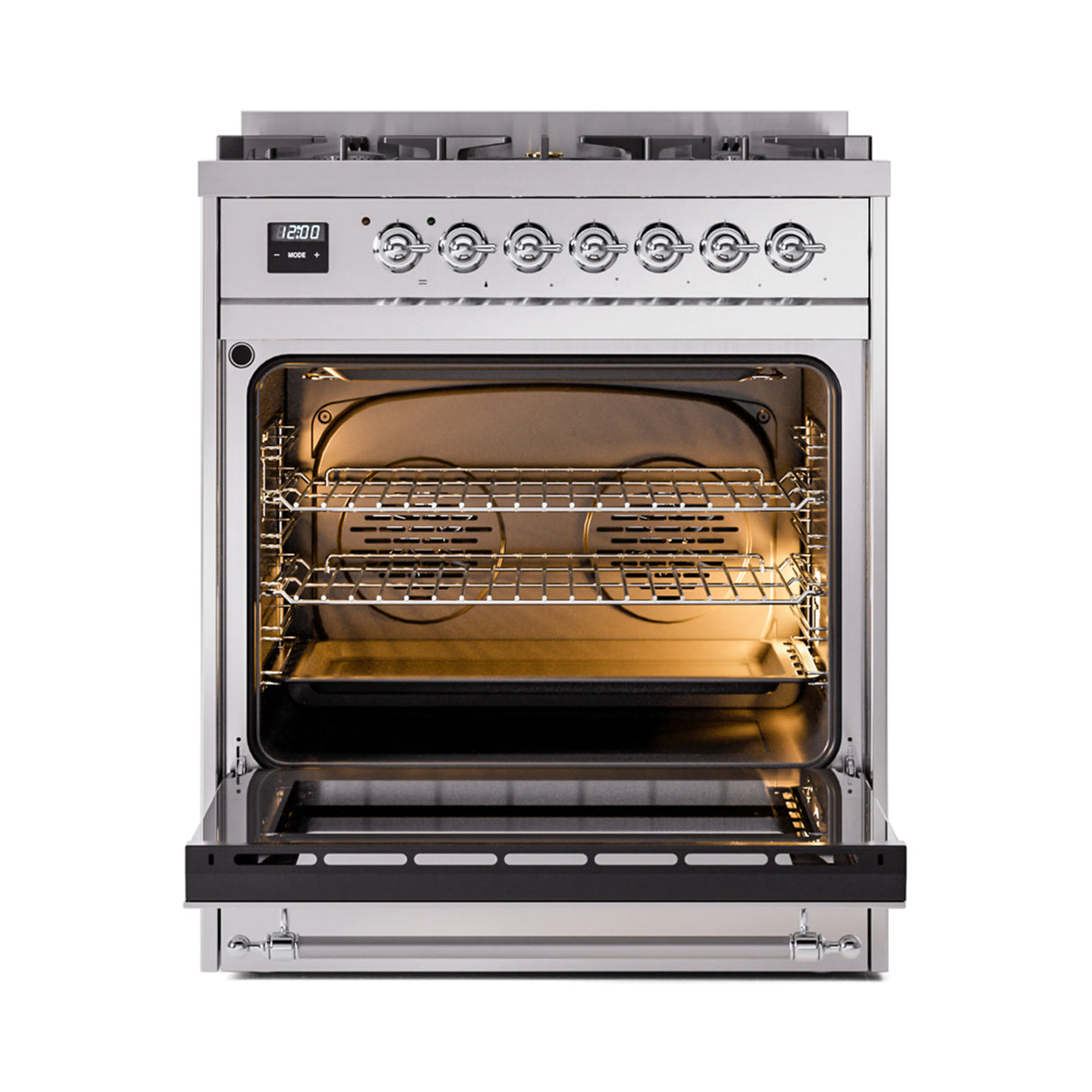 ILVE Nostalgie II 30-Inch Freestanding Natural Gas Dual Fuel Range in Stainless Steel with Chrome Trim (UP30NMPSSC)