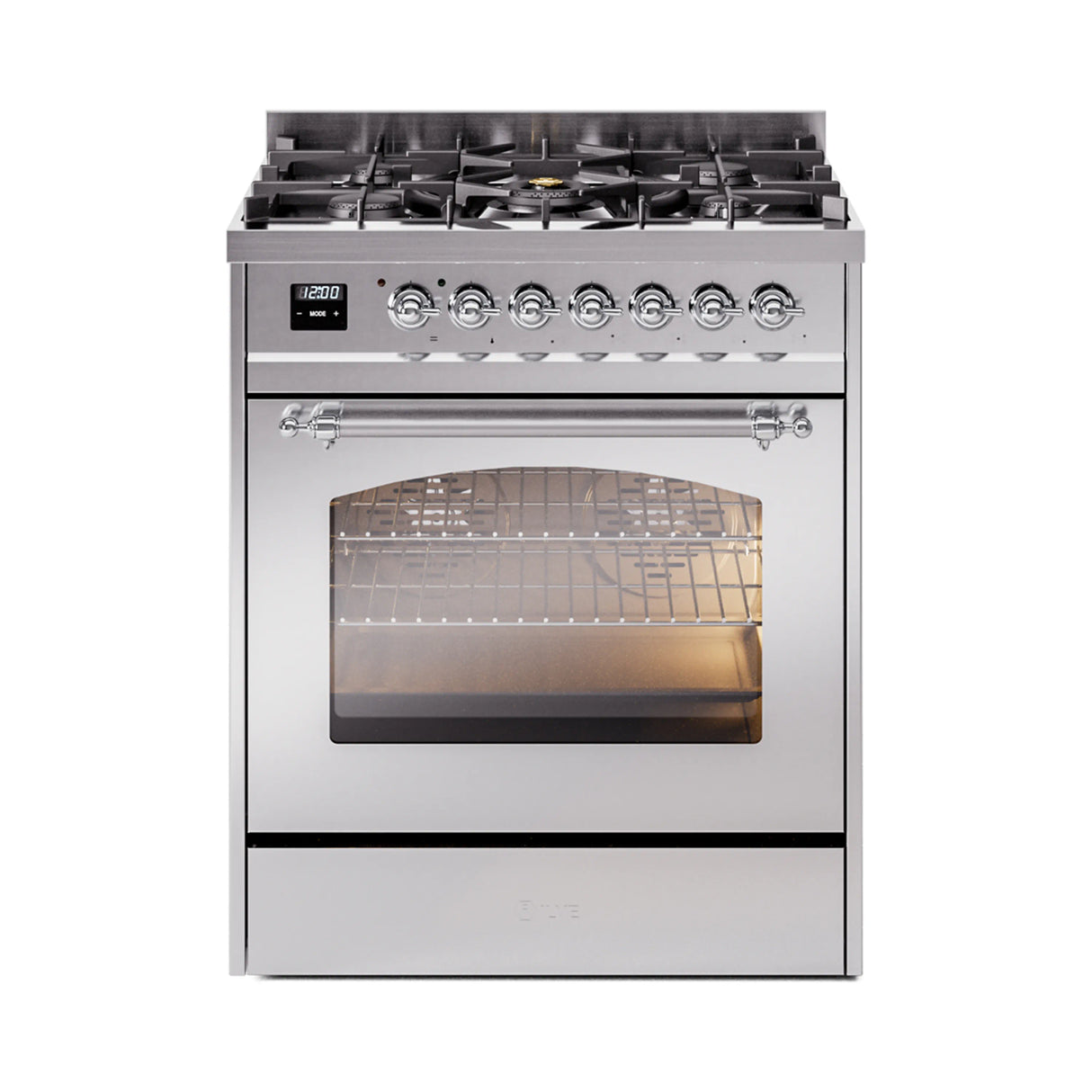 ILVE Nostalgie II 30-Inch Freestanding Natural Gas Dual Fuel Range in Stainless Steel with Chrome Trim (UP30NMPSSC)