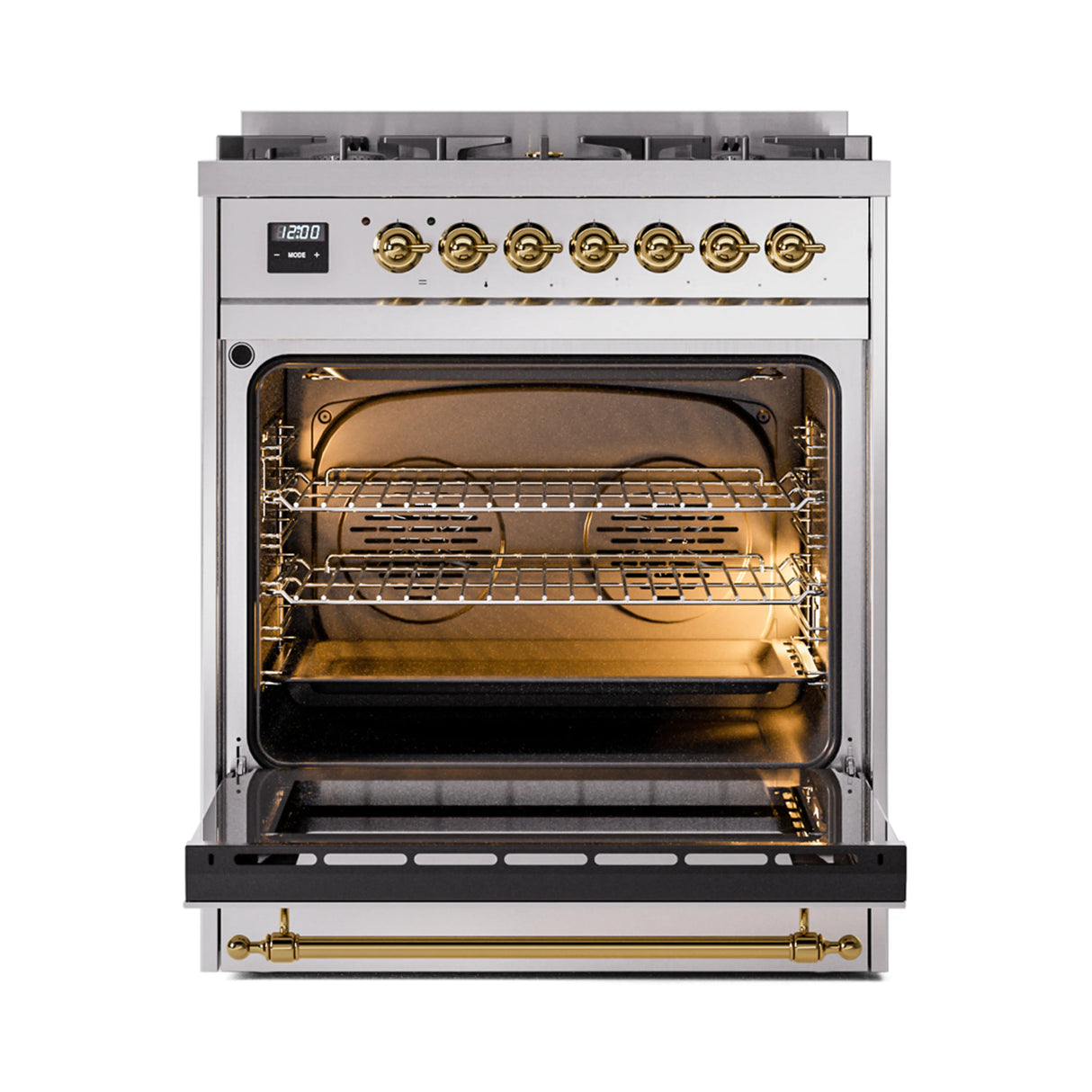 ILVE Nostalgie II 30-Inch Freestanding Natural Gas Dual Fuel Range in Stainless Steel with Brass Trim (UP30NMPSSG)