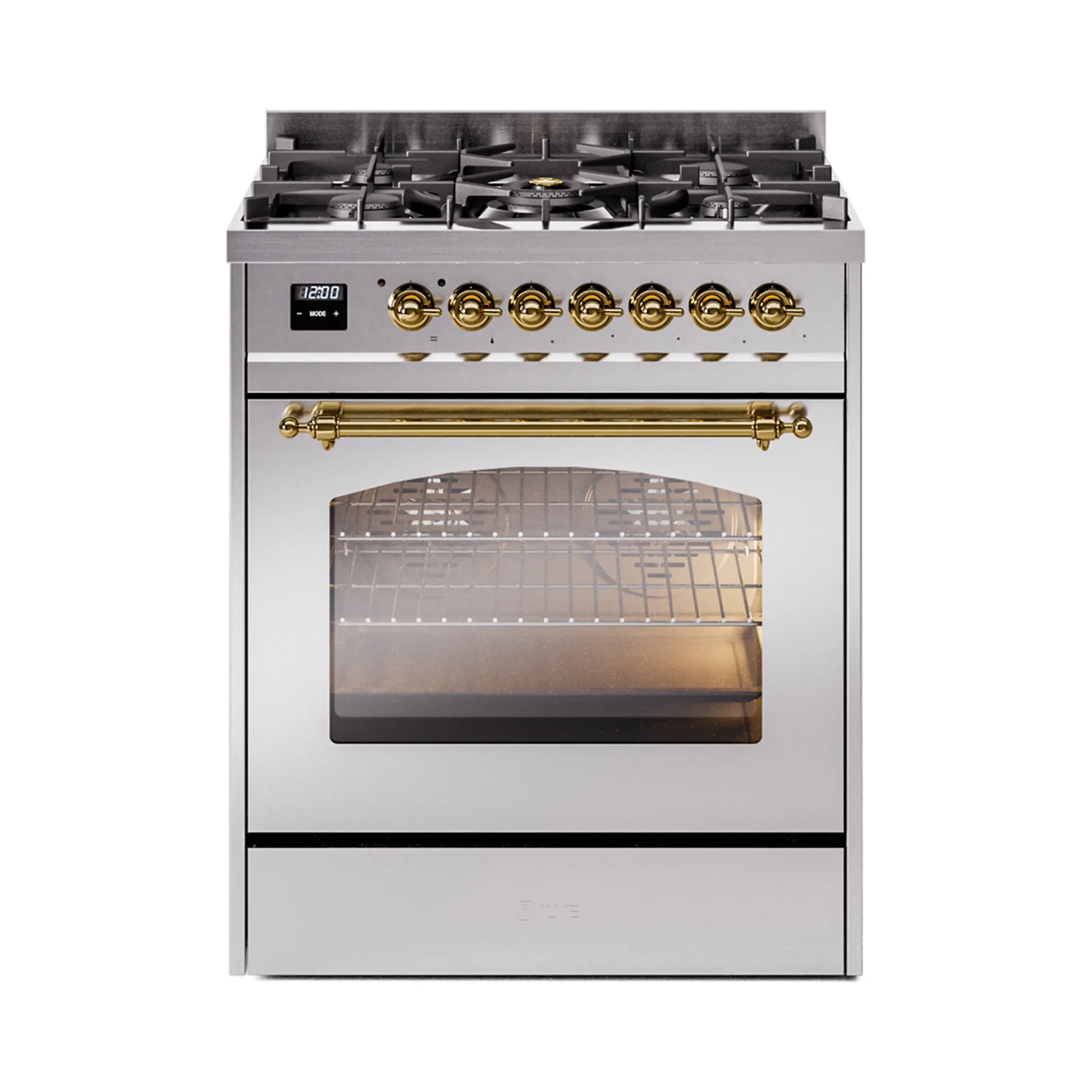 ILVE Nostalgie II 30-Inch Freestanding Natural Gas Dual Fuel Range in Stainless Steel with Brass Trim (UP30NMPSSG)