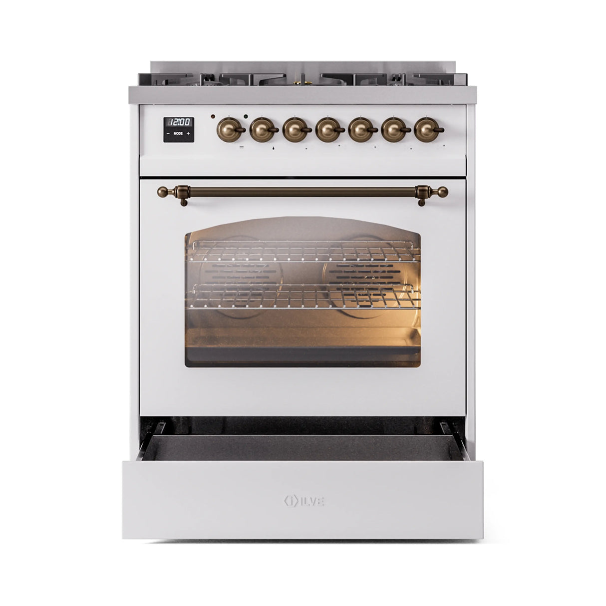ILVE Nostalgie II 30-Inch Dual Fuel Freestanding Range in White with Bronze Trim (UP30NMPWHBLP)