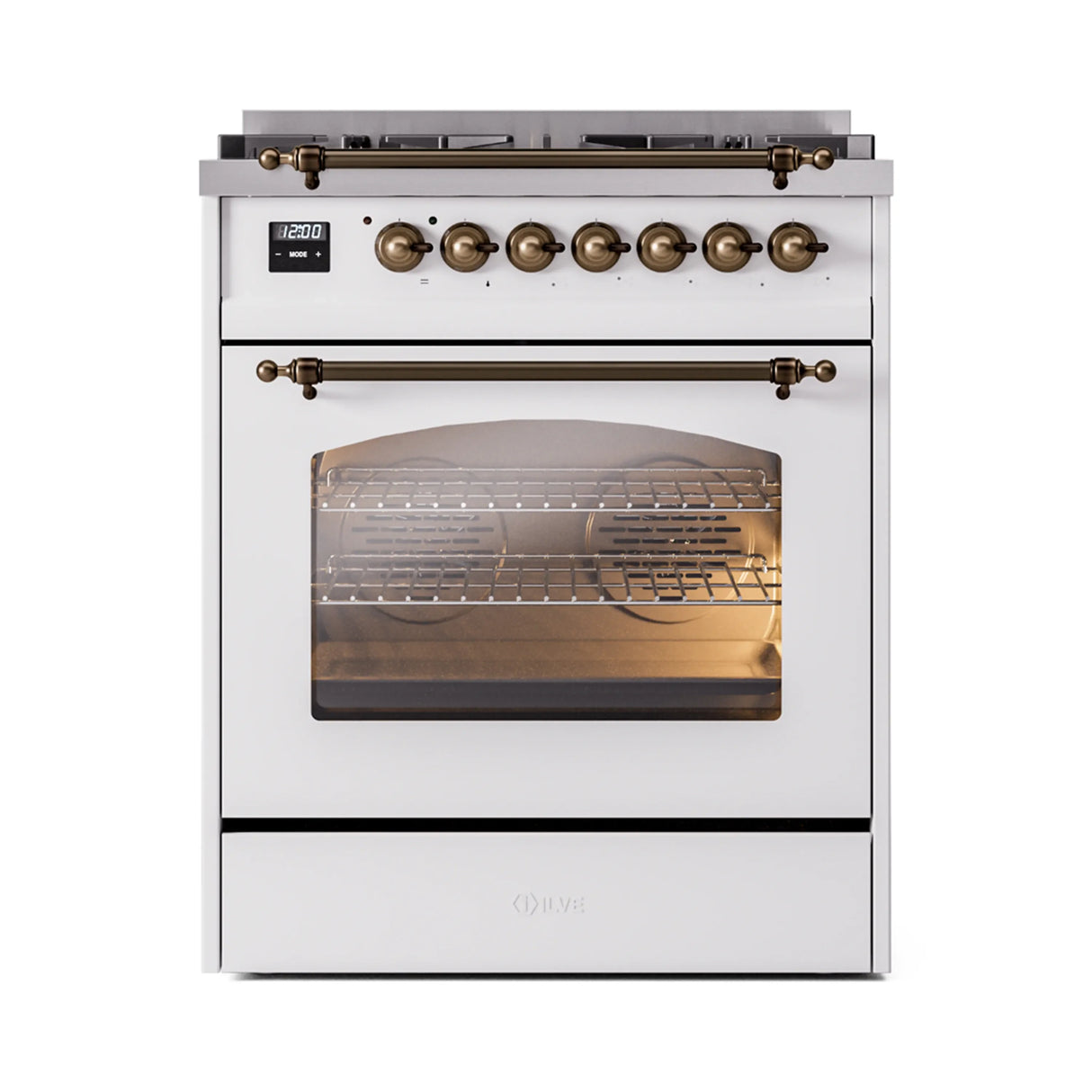 ILVE Nostalgie II 30-Inch Dual Fuel Freestanding Range in White with Bronze Trim (UP30NMPWHBLP)