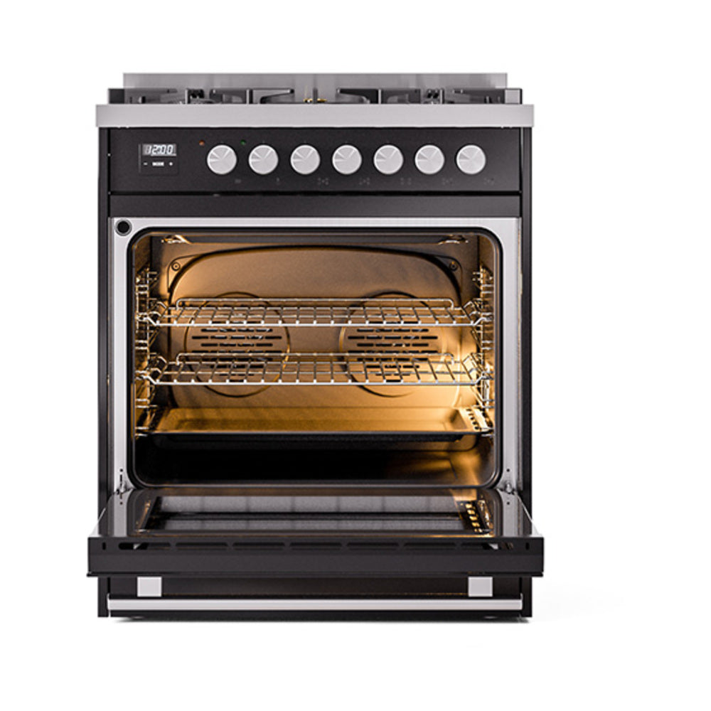 ILVE Professional Plus II 30-Inch Natural Gas Dual Fuel Range with Solid Door in Glossy Black (UP30QMPBK)
