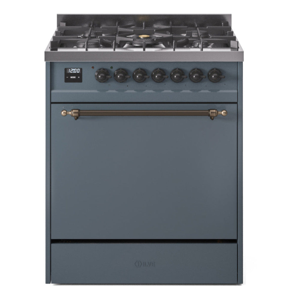 ILVE Nostalgie II 30-Inch Propane Gas Dual Fuel Range with Solid Door in Blue Grey with Bronze Trim (UP30QNMPBGBLP)