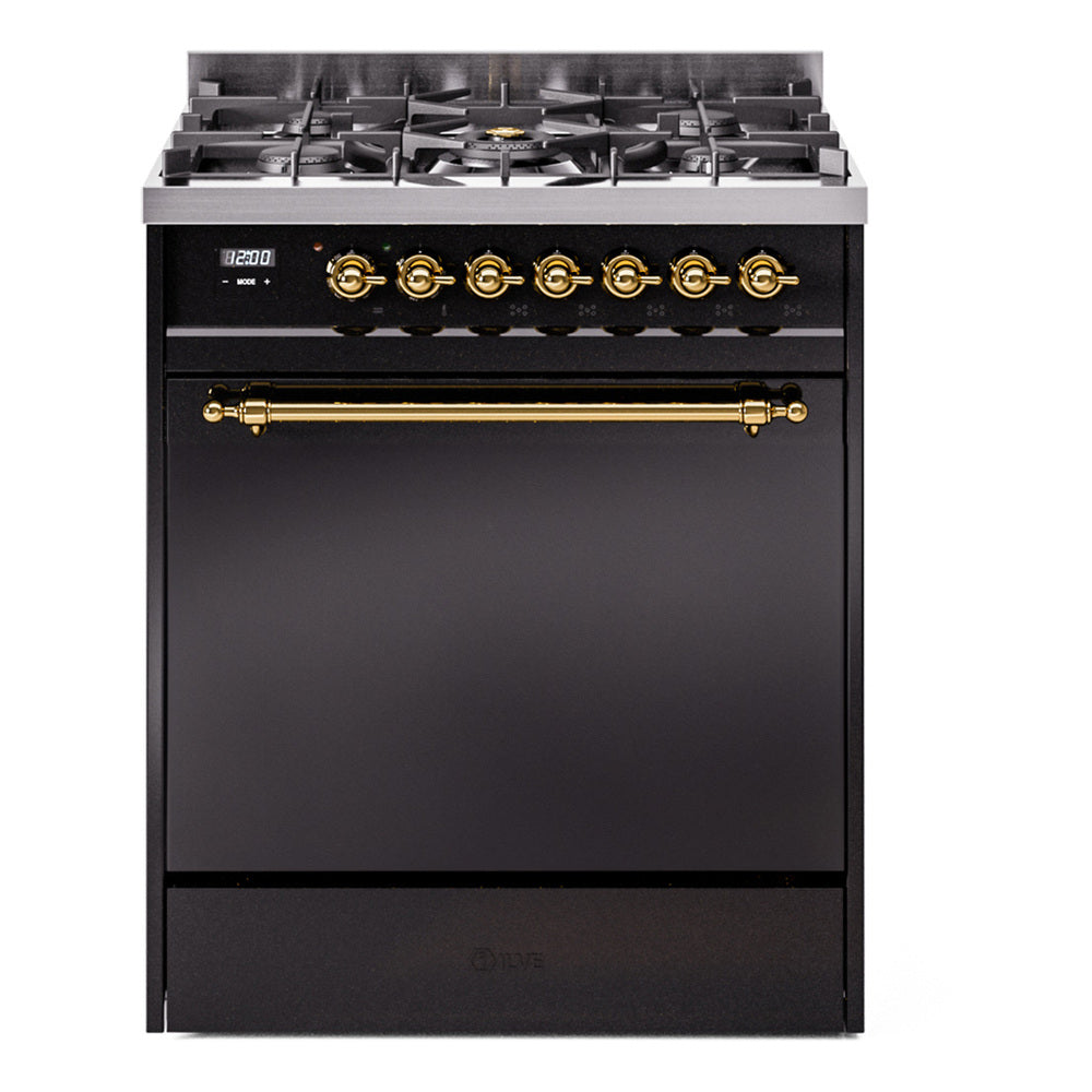 ILVE Nostalgie II 30-Inch Propane Gas Dual Fuel Range with Solid Door in Glossy Black with Brass Trim (UP30QNMPBKGLP)
