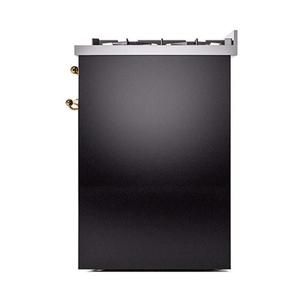 ILVE Nostalgie II 30-Inch Propane Gas Dual Fuel Range with Solid Door in Glossy Black with Brass Trim (UP30QNMPBKGLP)