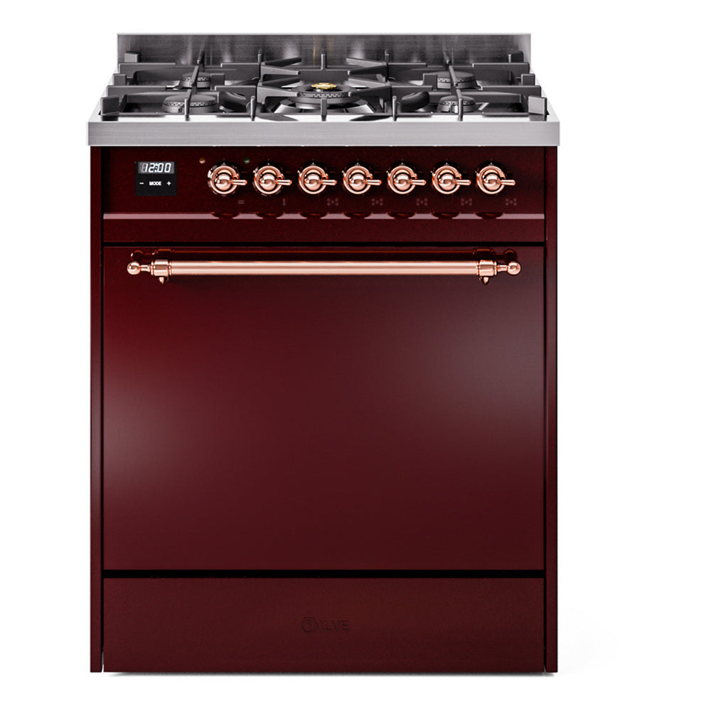 ILVE Nostalgie II 30-Inch Propane Gas Dual Fuel Range with Solid Door in Burgundy with Copper Trim (UP30QNMPBUPLP)