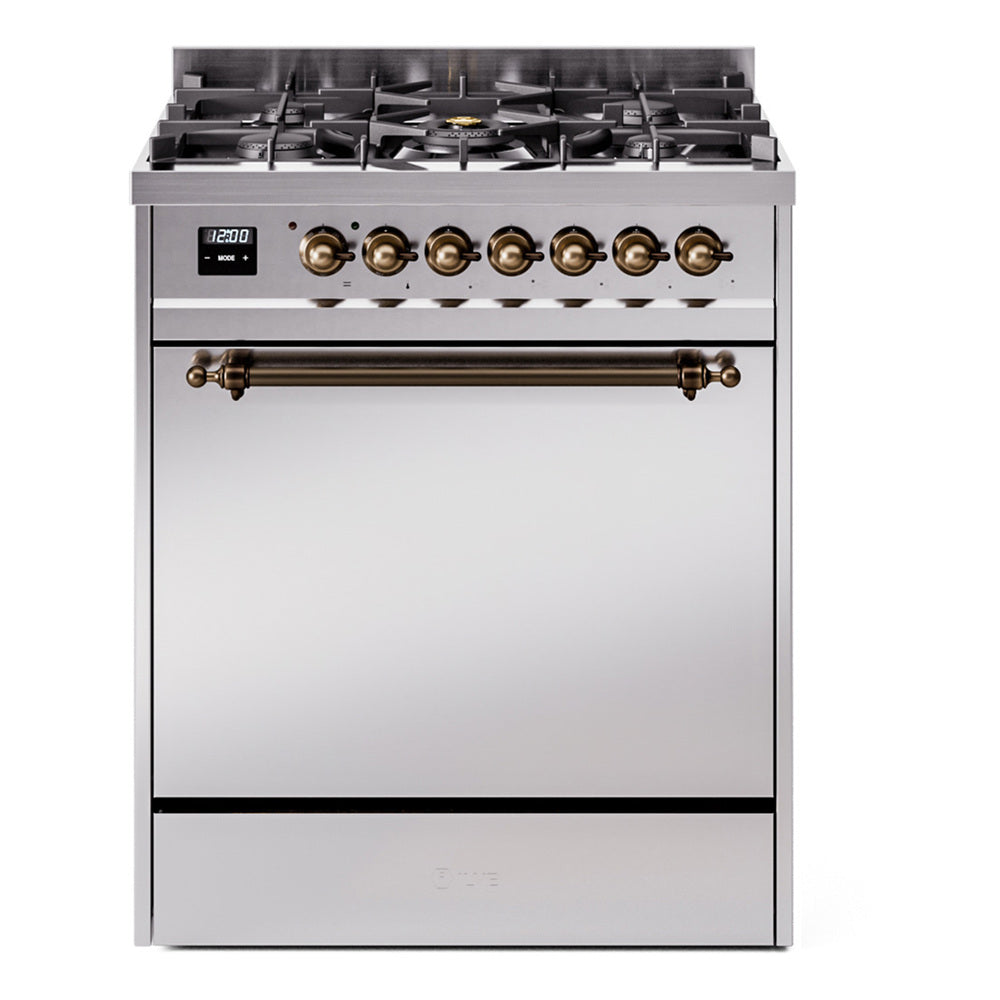 ILVE Nostalgie II 30-Inch Natural Gas Dual Fuel Range with Solid Door in Stainless Steel with Bronze Trim (UP30QNMPSSB)