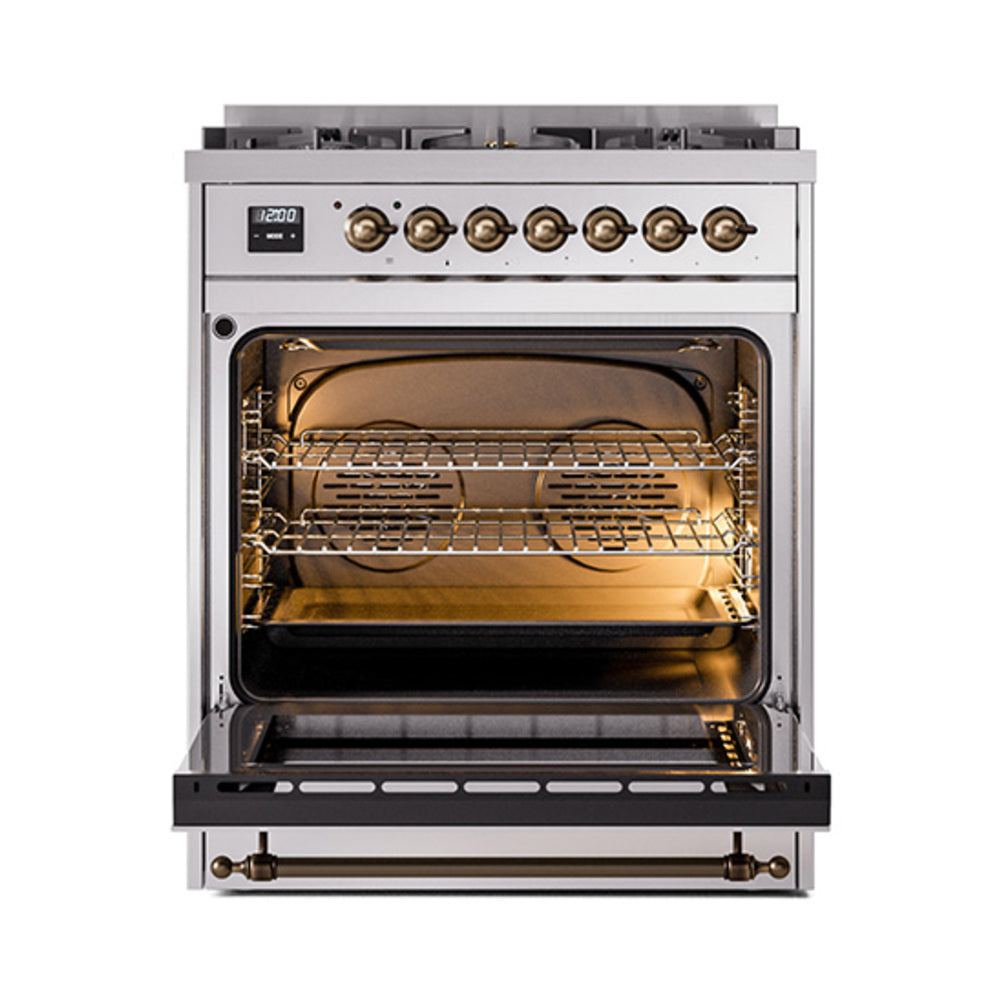 ILVE Nostalgie II 30-Inch Natural Gas Dual Fuel Range with Solid Door in Stainless Steel with Bronze Trim (UP30QNMPSSB)