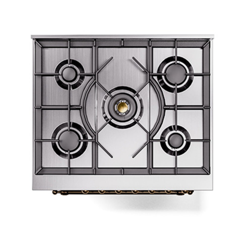 ILVE Nostalgie II 30-Inch Natural Gas Dual Fuel Range with Solid Door in Stainless Steel with Bronze Trim (UP30QNMPSSB)