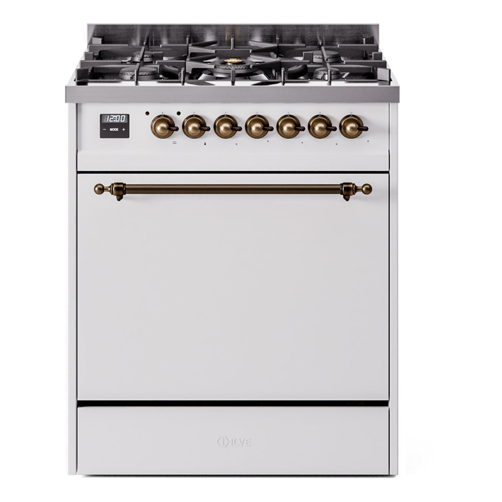 ILVE Nostalgie II 30-Inch Natural Gas Dual Fuel Range with Solid Door in White with Bronze Trim (UP30QNMPWHB)