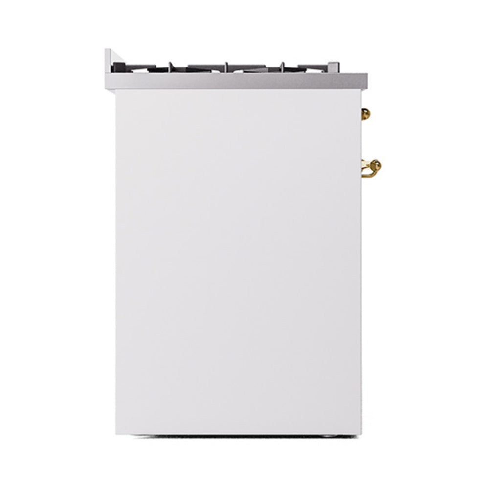 ILVE Nostalgie II 30-Inch Propane Gas Dual Fuel Range with Solid Door in White with Brass Trim (UP30QNMPWHGLP)