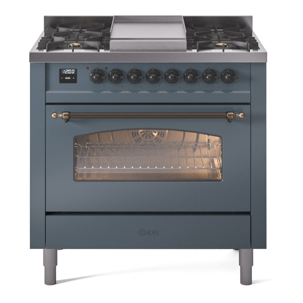 ILVE Nostalgie II 36-Inch Dual Fuel Freestanding Range in Blue Grey with Bronze Trim (UP36FNMPBGBLP)
